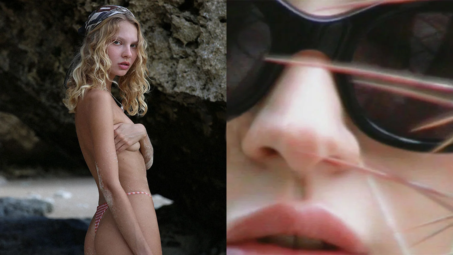 St.St campaign: a model on beach rocks beside a close-up of St.St sunglasses